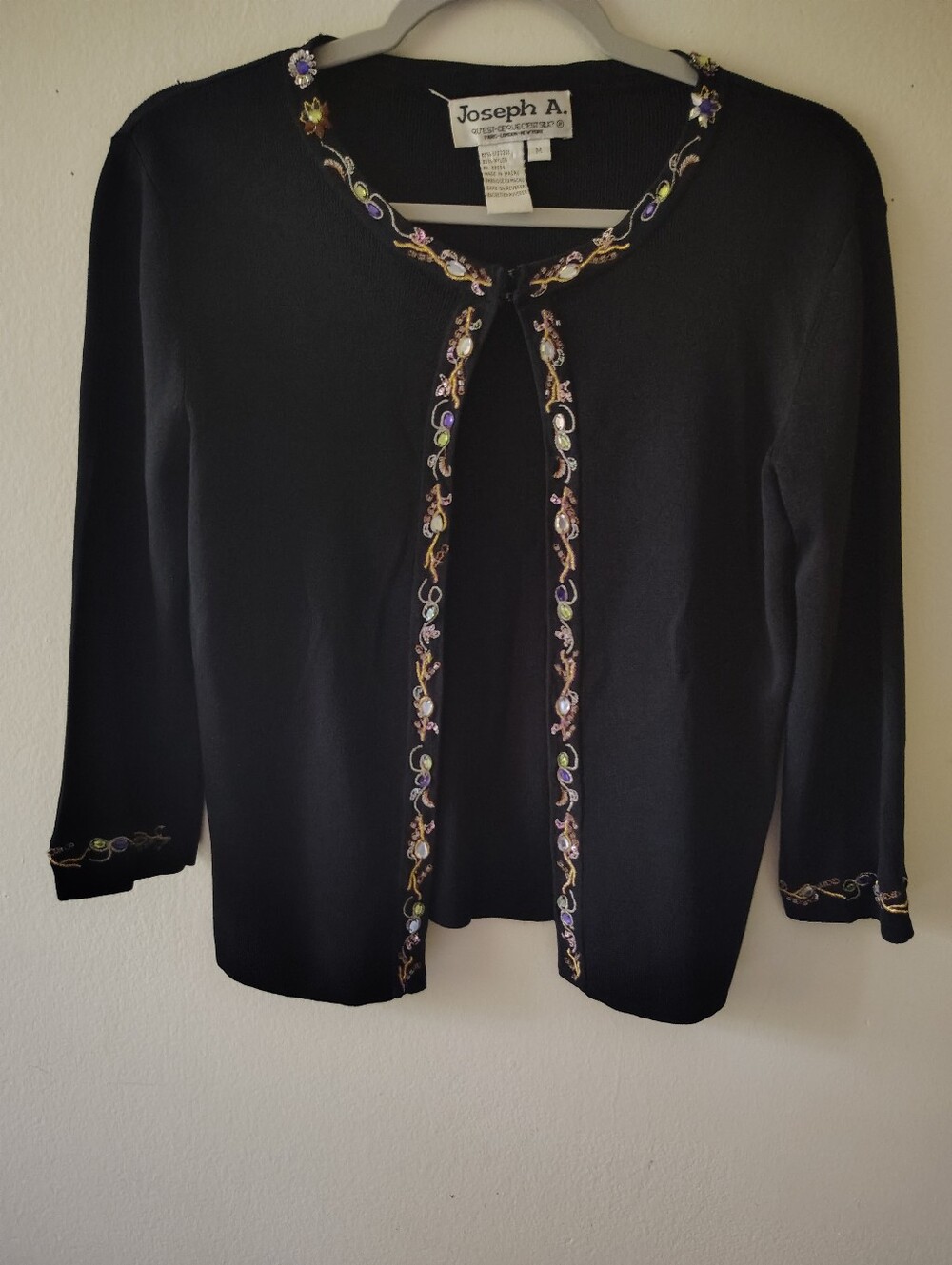 Vintage Black Jeweled Cardigan Medium Embroidered Old Money 3/4 Sleeve Classy